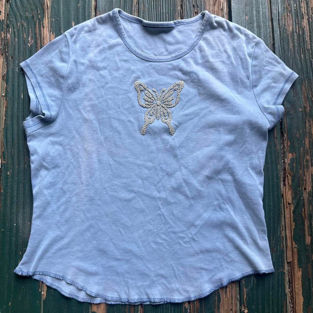 Vintage Y2K Blue Butterfly Beaded Baby‎ Tee Short Sleeve Crop Top Womens